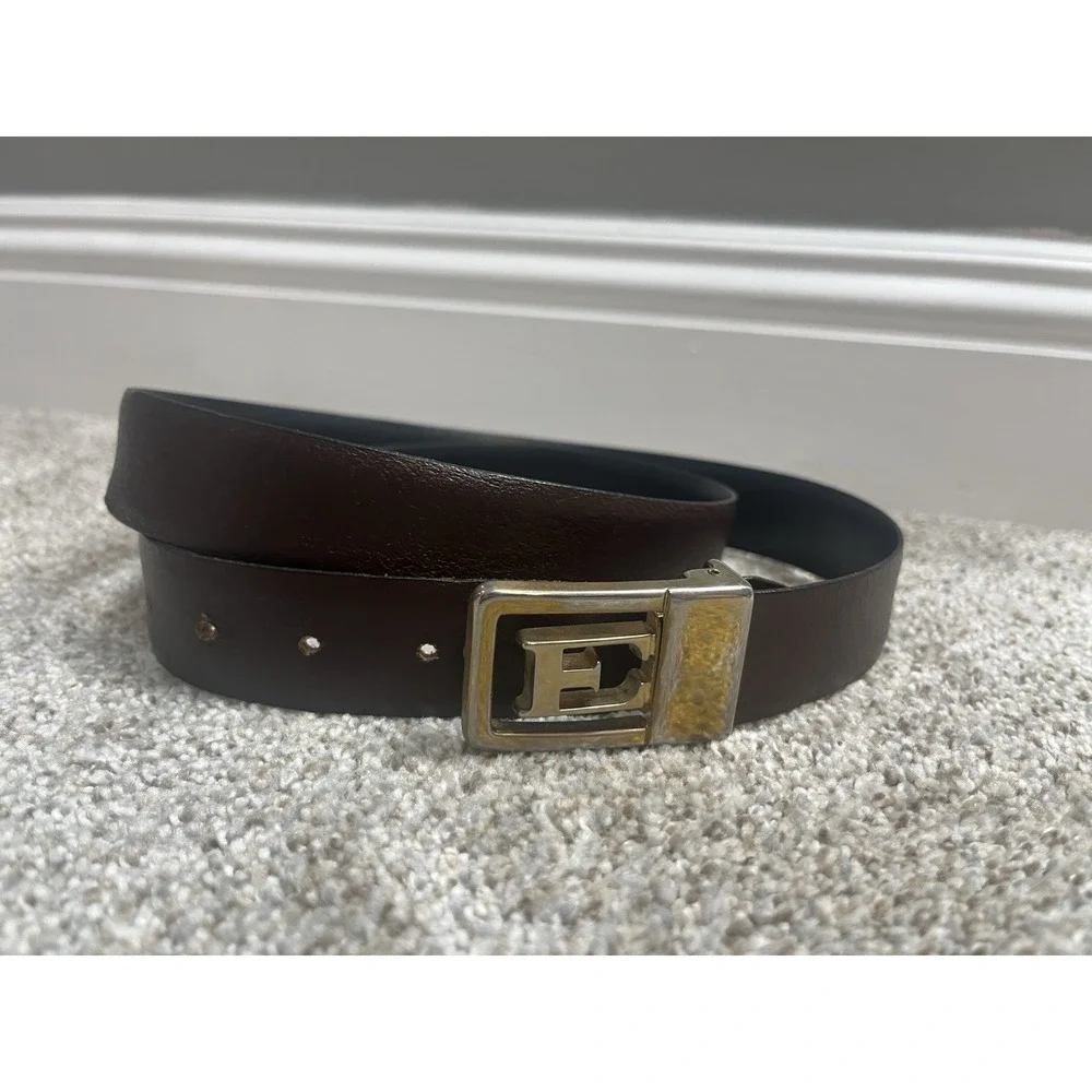 Vtg‎ Leather Belt With Letter E Belt Buckle Black Brown Belt